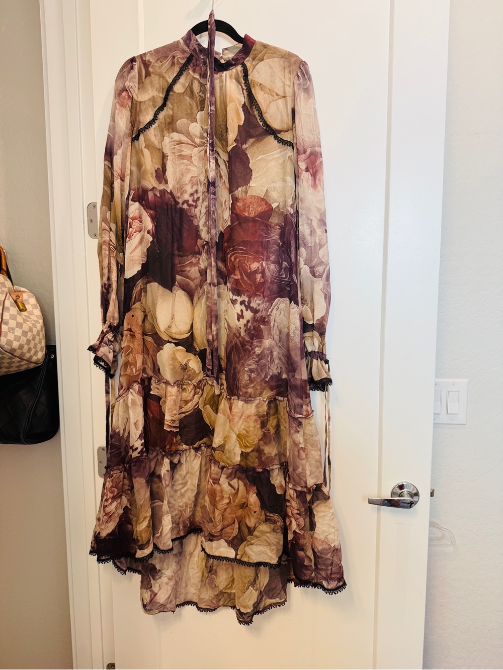 Floral Tiered Long-Sleeve Midi Dress in Mauve and Cream Modest